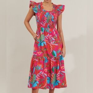 Sugarlips Cactus Blossom Smocked Tiered Midi Dress-NWT